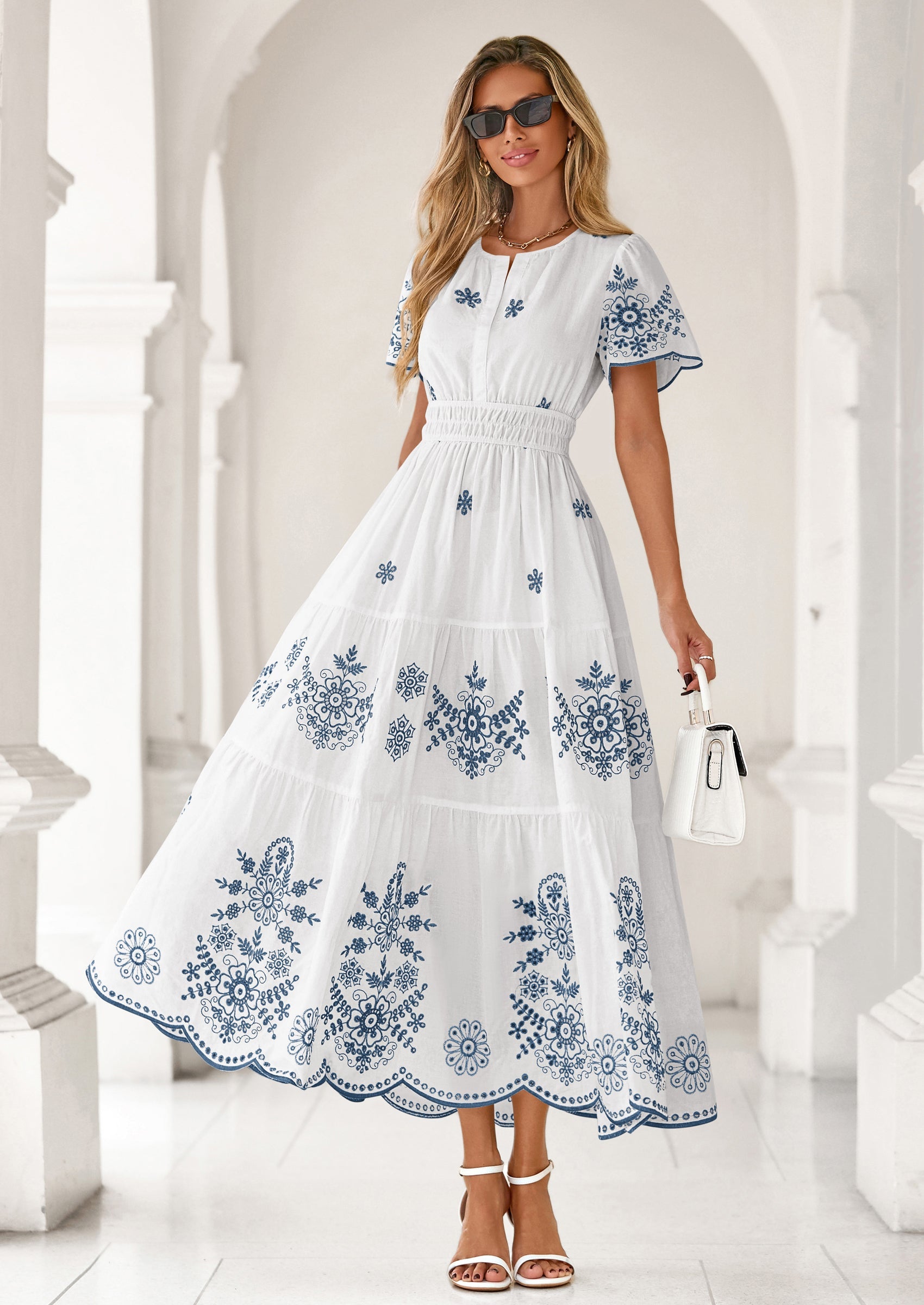 PRETTYGARDEN Boho Dresses for Women Summer Spring Casual Floral Short Sleeve V Neck Maxi Elastic Waist Dress Pockets PRETTYGARDEN