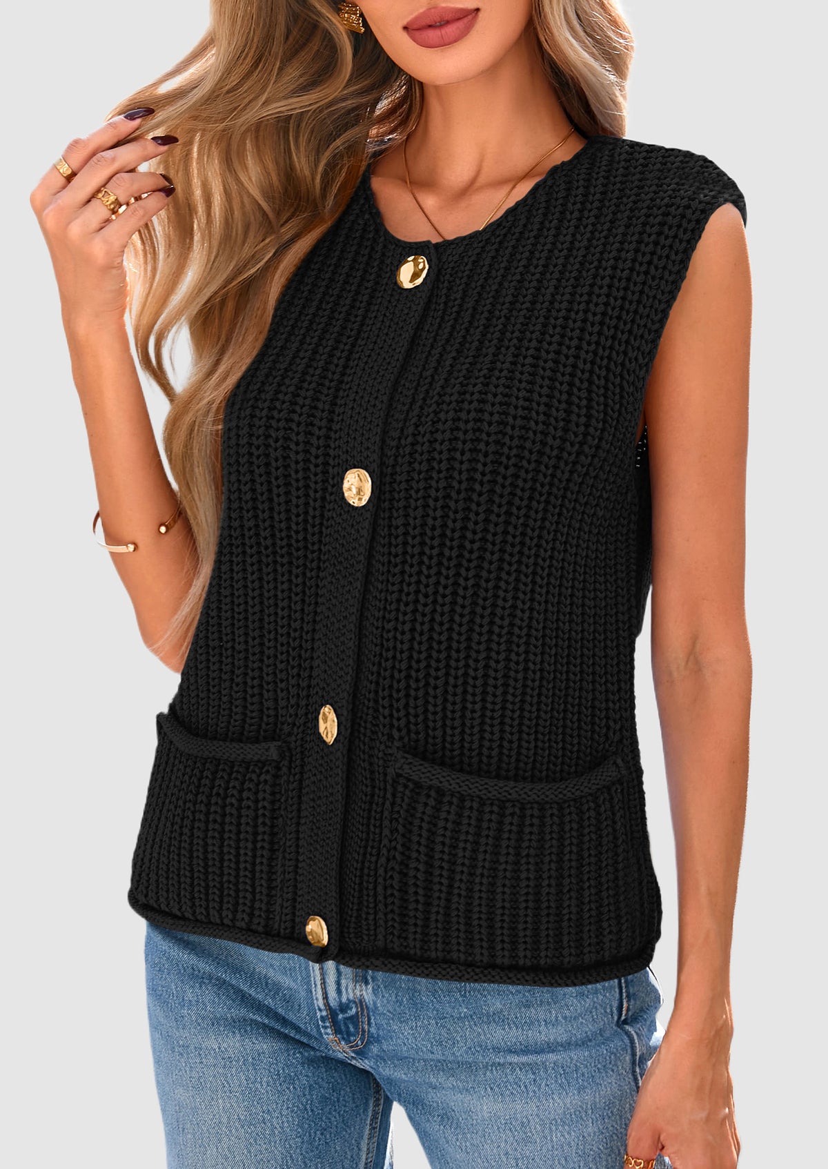 Sleeveless Button Down Cropped Chunky Knit Cardigan Trendy Tank Tops with Pockets