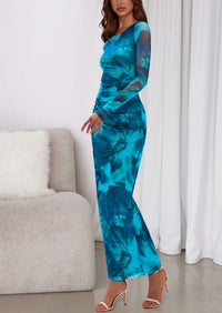 PRETTYGARDEN Women's Fall Wedding Guest Dresses Long Sleeve Fitted Ruched Slit Bodycon Mesh Floral Party Maxi Dress