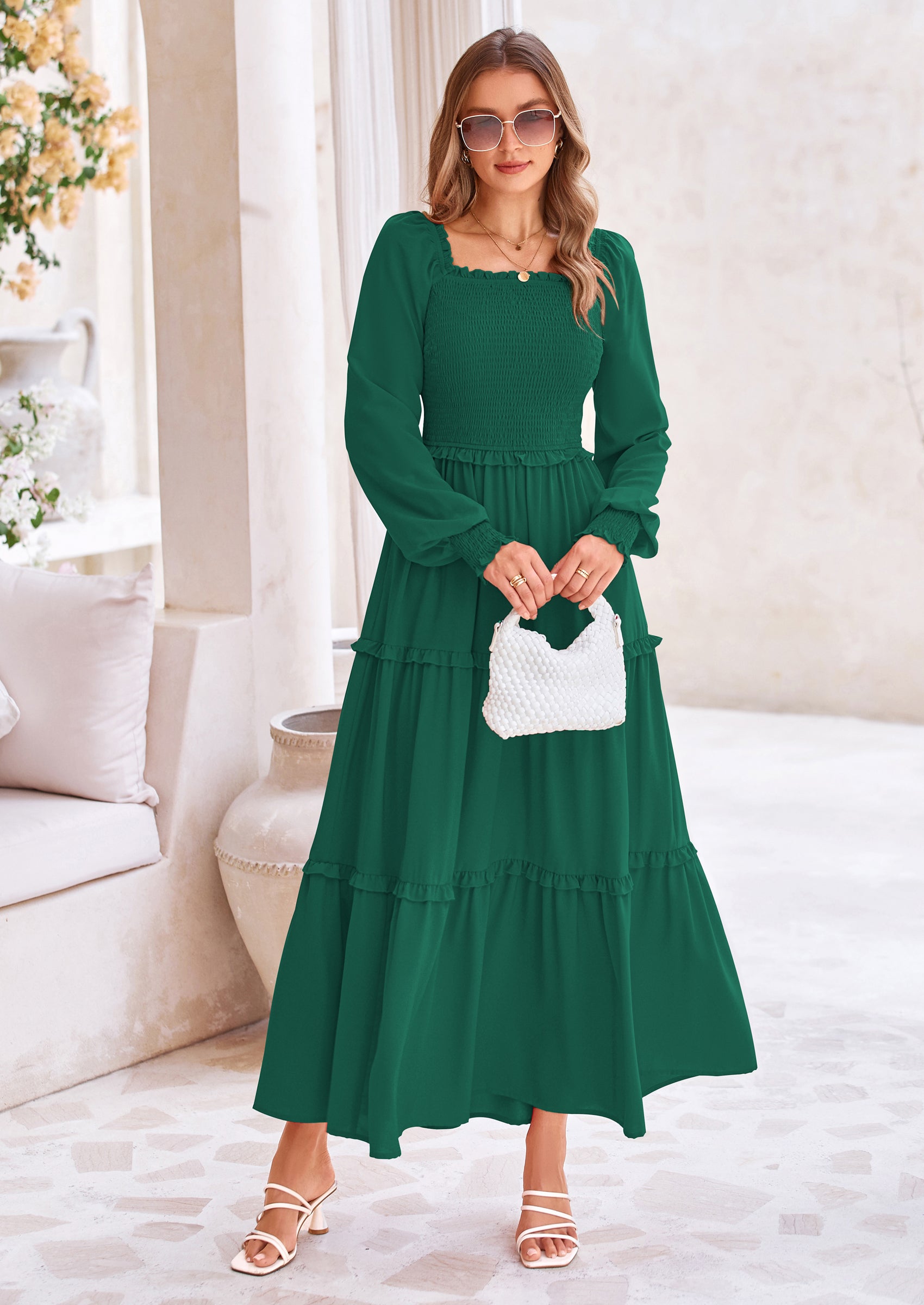 PRETTYGARDEN Fall Wedding Guest Dresses for Women Long Sleeve Square Neck Tiered A Line Modest Elegant Flowy Dresses