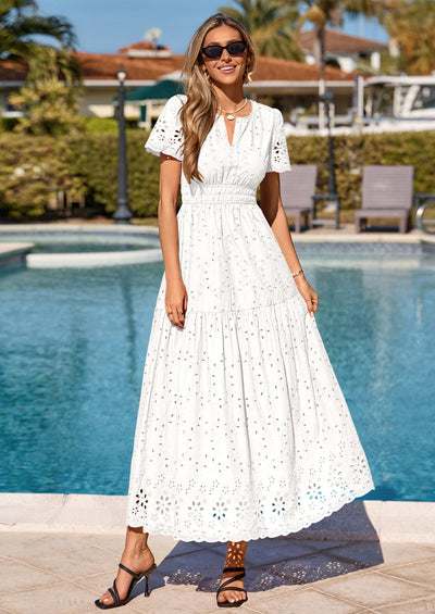 PRETTYGARDEN Short Sleeve Spring Dresses for Women Elegant Classy Boho High Waist A Line Pleated Wedding Guest Dress PRETTYGARDEN