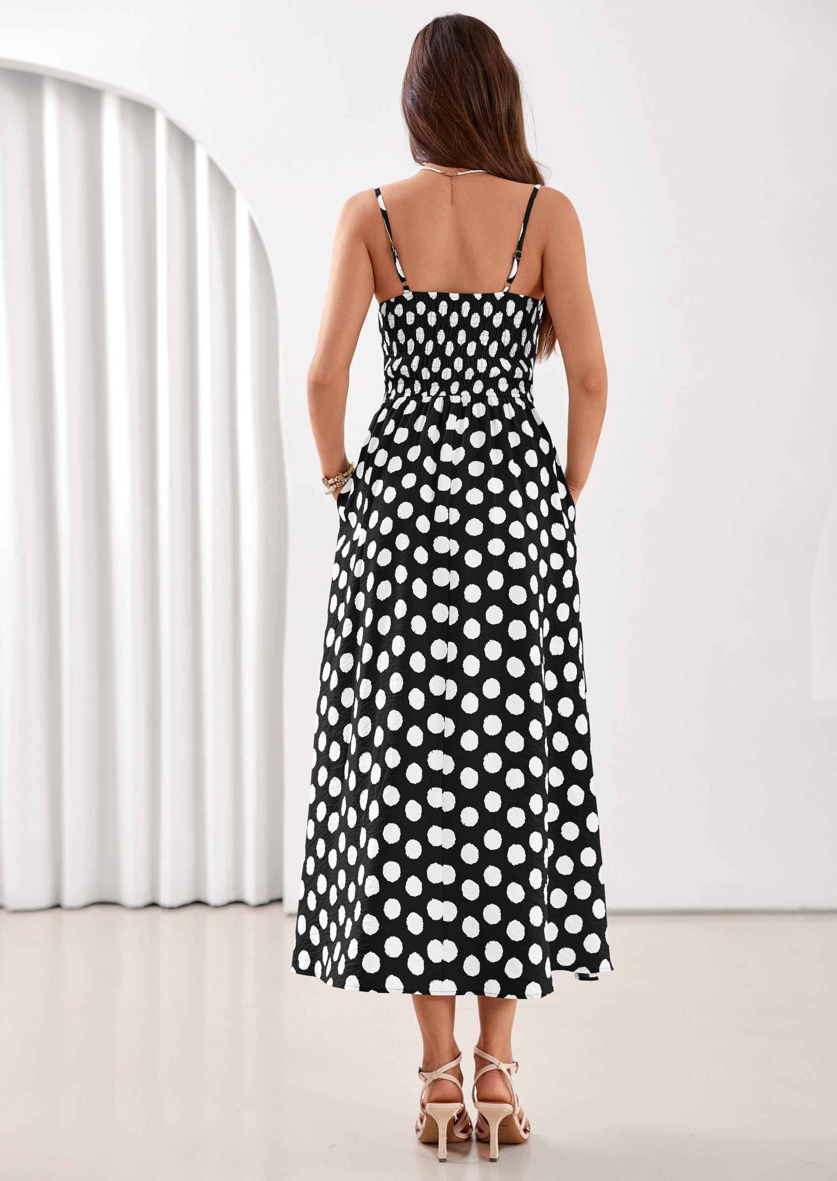 PRETTYGARDEN Womens Summer Dresses Spring Sleeveless Spaghetti Straps Casual Midi Dress Polka Dot Smocked Beach Sundress PRETTYGARDEN