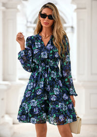 PRETTYGARDEN Women's Fall Boho Dresses Floral Long Sleeve V Neck Mini Flowy Wedding Guest Dress Trendy Vacation Outfits