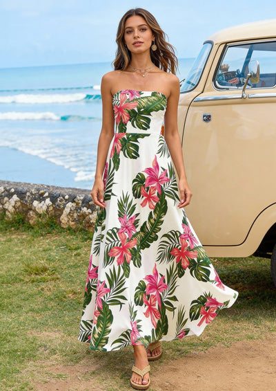 PRETTYGARDEN Sleeveless Floral Summer Maxi Dresses for Women Tube Top Flowy Long Dress Tropical Beach Vacation Clothes PRETTYGARDEN