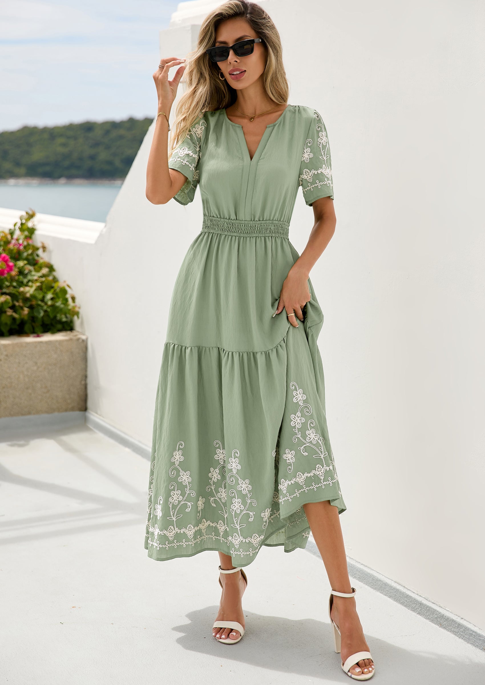 PRETTYGARDEN Women's Summer Boho Maxi Dress Spring Floral Short Sleeve V Neck A Line Flowy Beach Wedding Guest Dresses PRETTYGARDEN