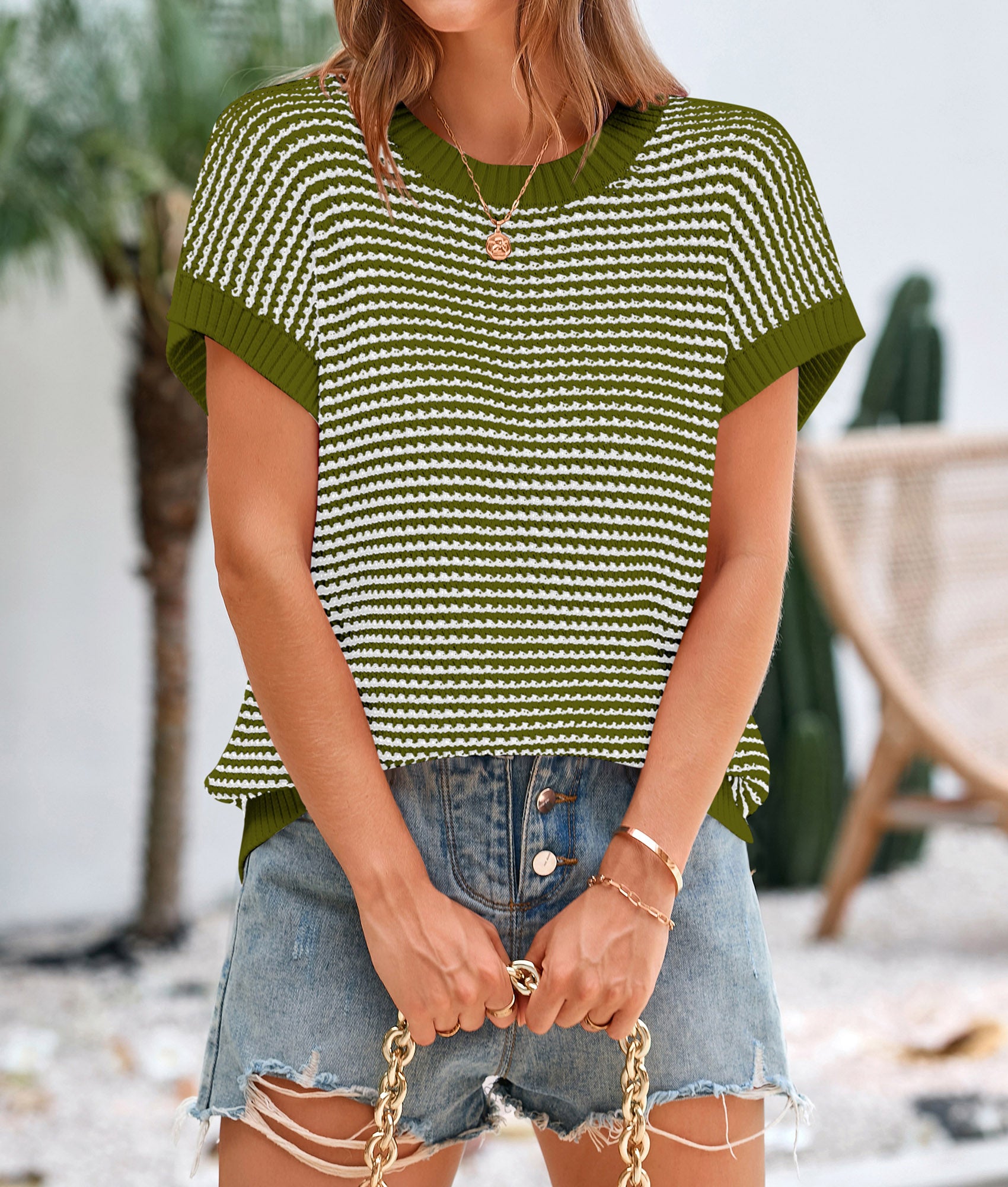 PRETTYGARDEN Womens Short Sleeve Sweater Spring Summer Round Neck Striped Pullover Cap Sleeve Knit Sweater Vest Tops