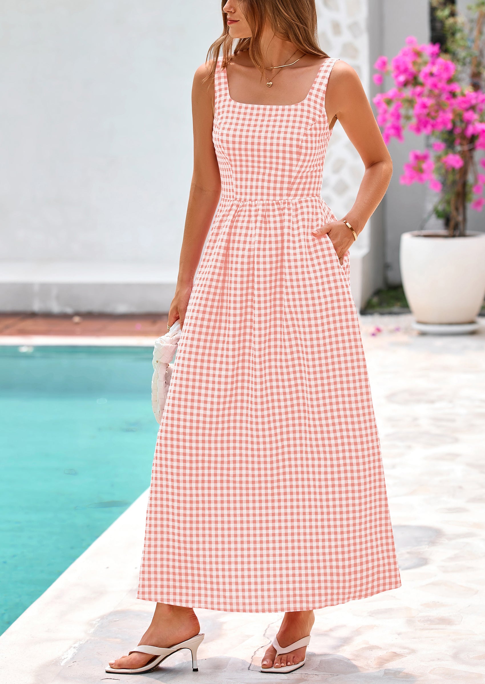 PRETTYGARDEN Women's Summer Spaghetti Strap Maxi Dresses Plaid Square Neck A Line Casual Beach Vacation Long Sundress