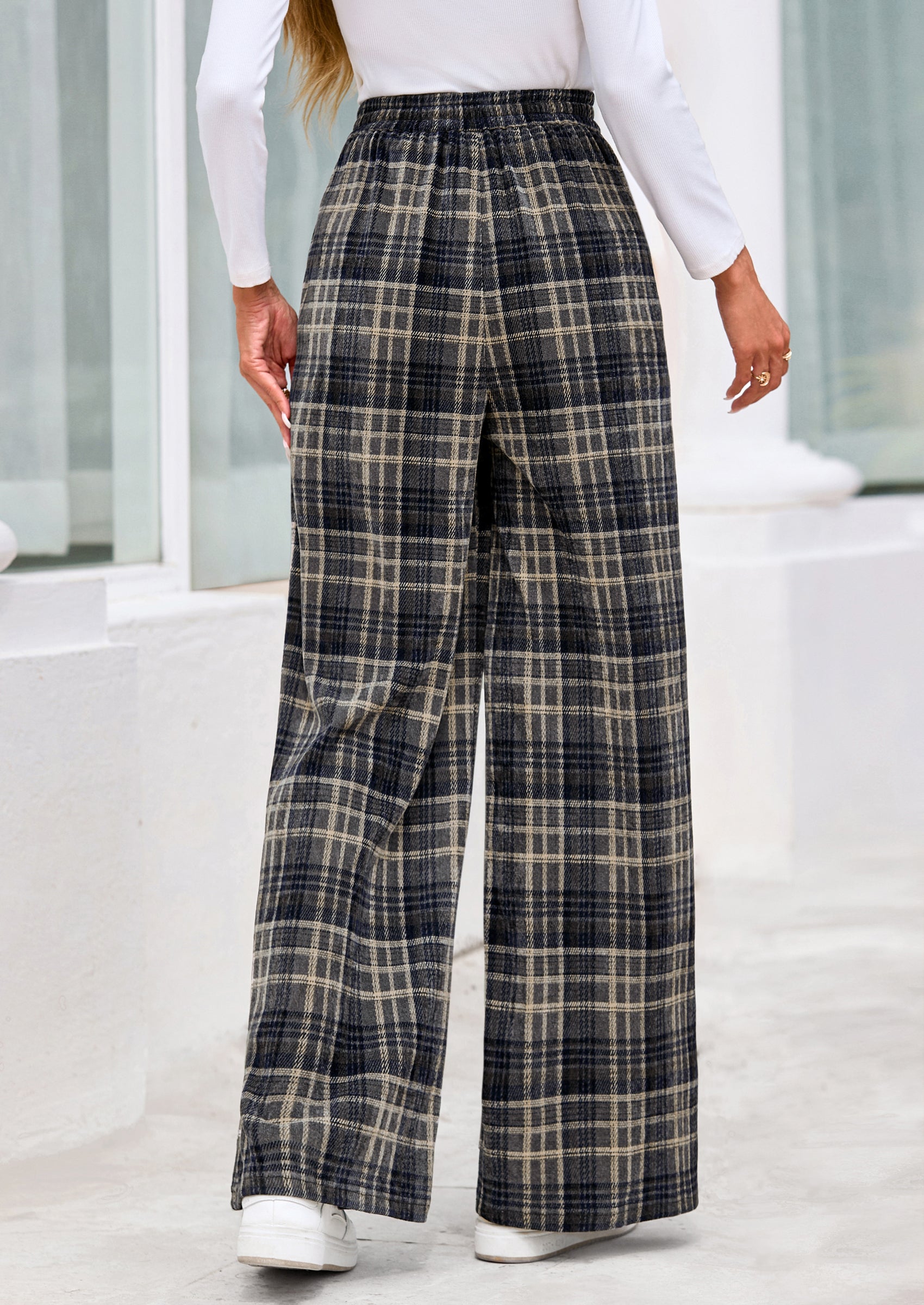 PRETTYGARDEN Casual Women's Pants Elastic Waist Palazzo Long Stretchy Wide Leg Trousers Knit Fall Outfits with Pockets