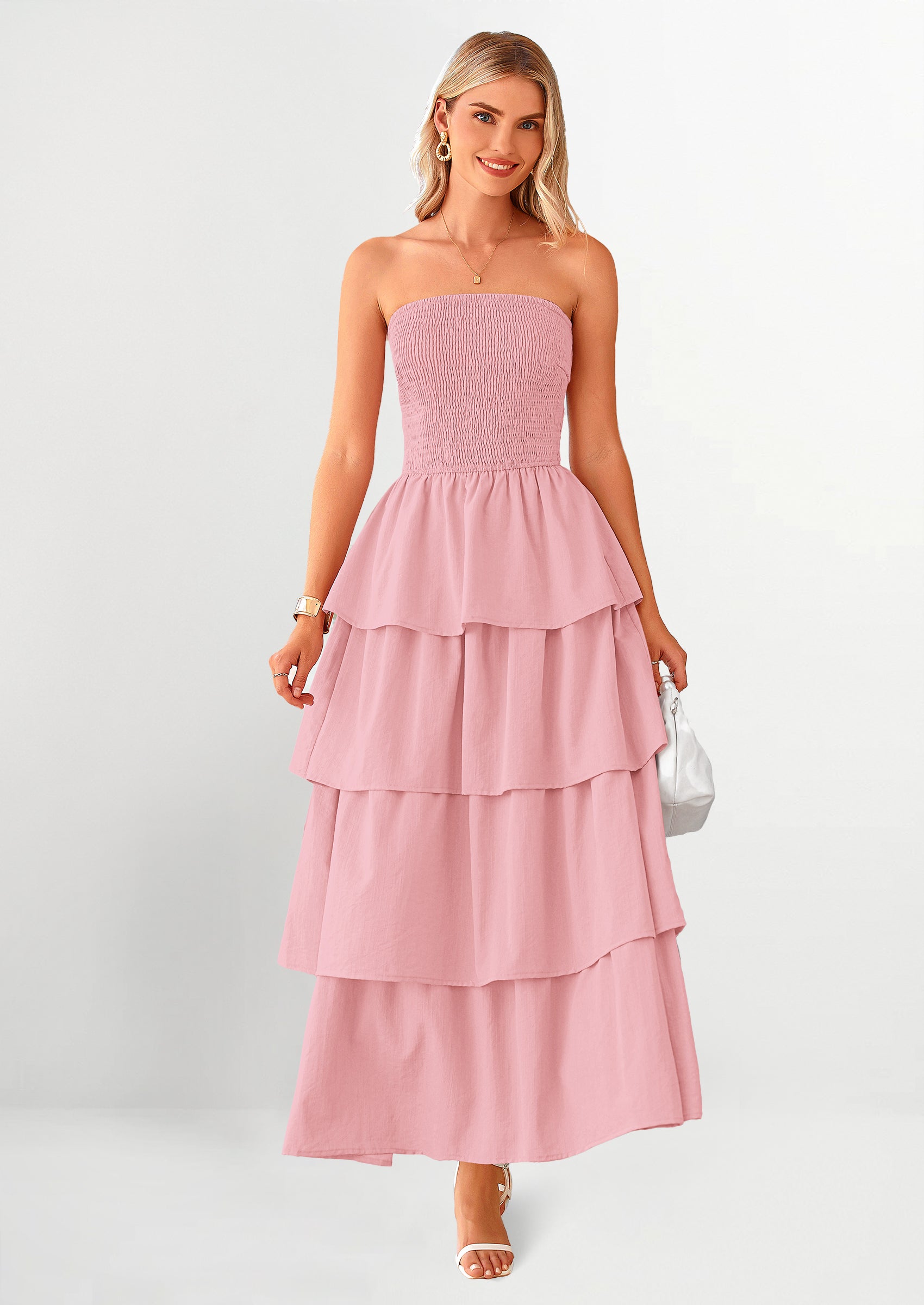 PRETTYGARDEN Maxi Dresses for Women Off Shoulder Smocked Tiered Ruffle Long Flowy Wedding Guest Dress