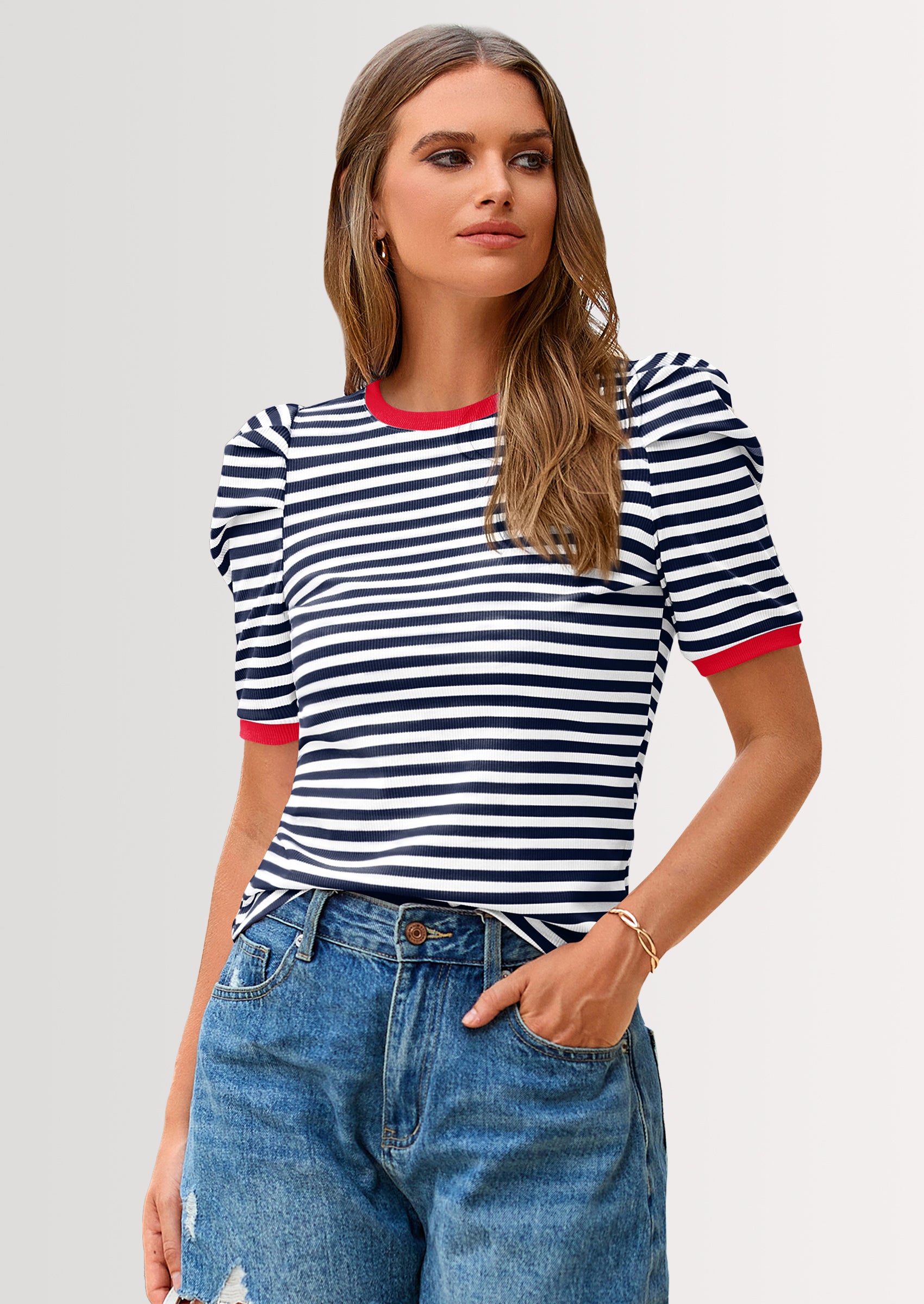 PRETTYGARDEN Women's Summer Puff Sleeve Tops Casual Ribbed Knit Crop Top Color Block Trendy Crewneck Striped Shirts