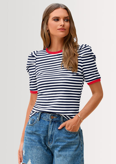 PRETTYGARDEN Women's Summer Puff Sleeve Tops Casual Ribbed Knit Crop Top Color Block Trendy Crewneck Striped Shirts