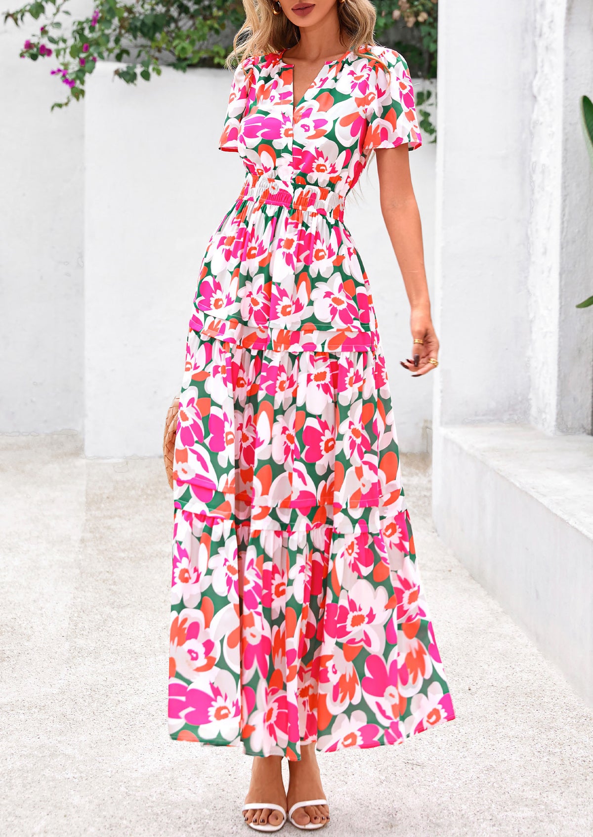 Summer Boho Floral Short Sleeve V Neck A Line Tiered Ruffle Flowy Long Beach Vacation Maxi Dresses