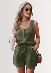 PRETTYGARDEN Casual Shorts Jumpsuit Plain Scoop Neck Button Down Sleeveless Tank Top Rompers