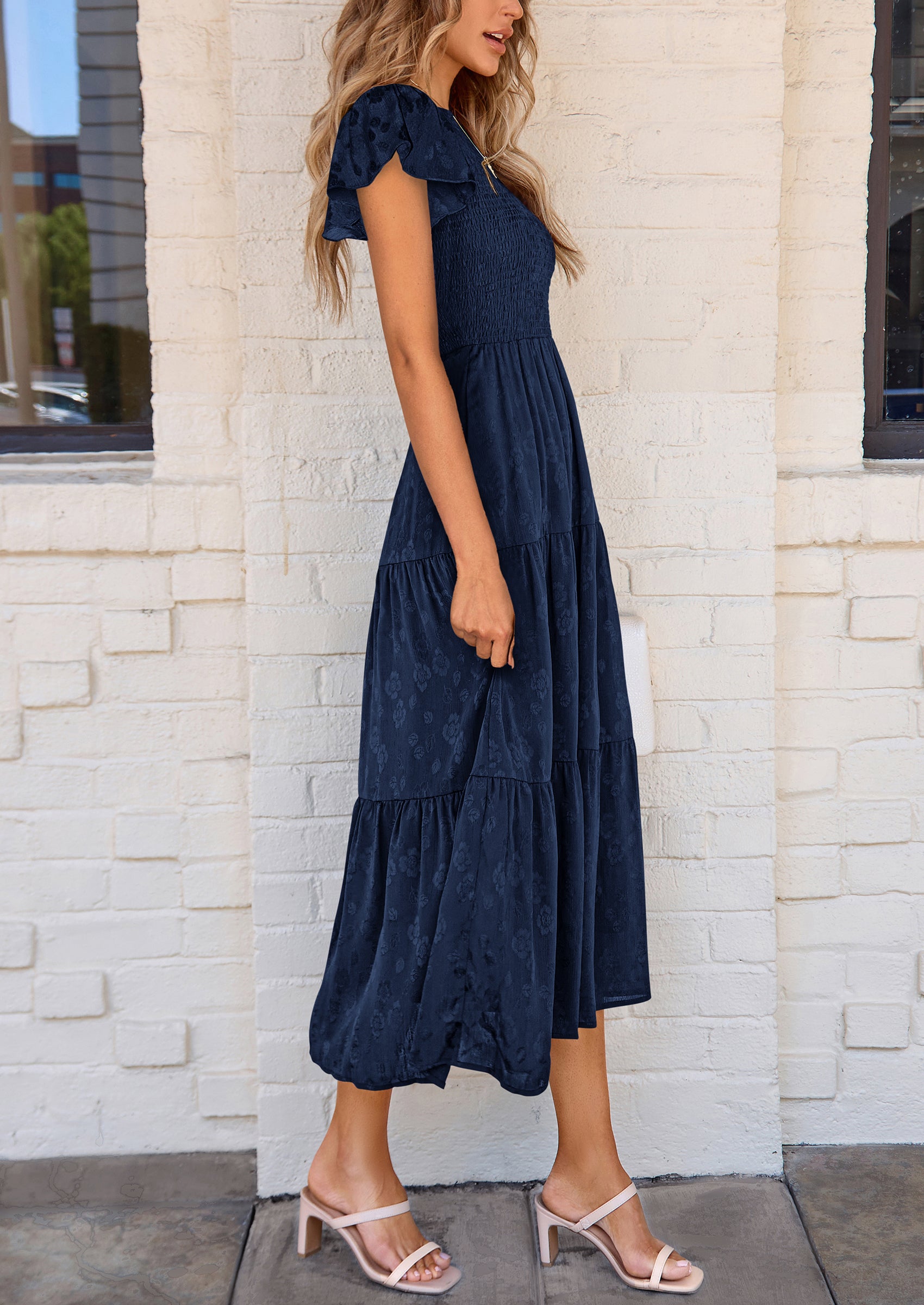 PRETTYGARDEN Midi Dress for Women Summer Floral Cap Sleeve Smocked Ruffle A Line Long Flowy Wedding Guest Dresses