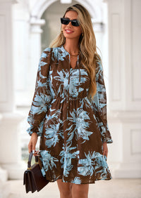 PRETTYGARDEN Women's Fall Boho Dresses Floral Long Sleeve V Neck Mini Flowy Wedding Guest Dress Trendy Vacation Outfits