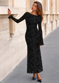 PRETTYGARDEN Women's Floral Bodycon Maxi Dress Fall Elegant Mesh Long Sleeve Formal Wedding Guest Cocktail Dresses