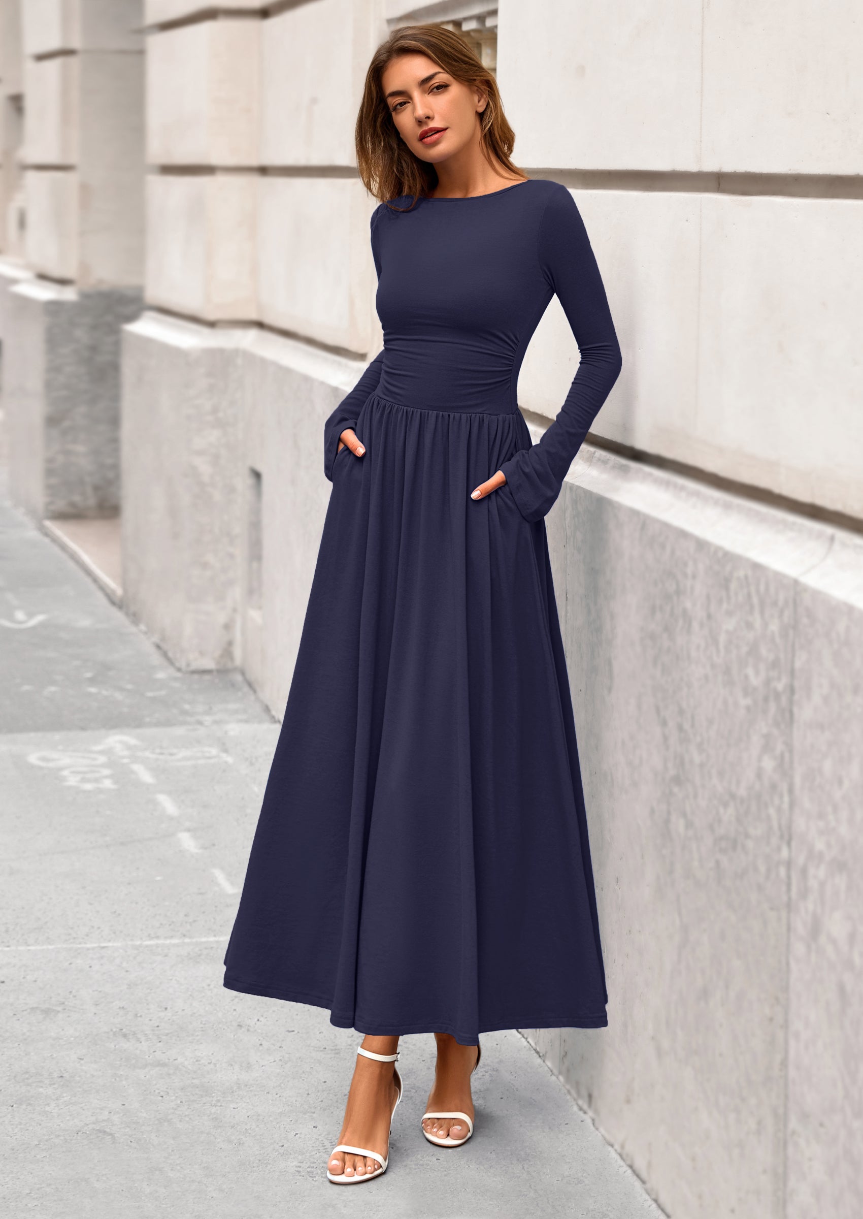 BTFBM Long Sleeve Maxi Dresses for Women Fall Casual Ruched Boat Neck Flowy Elegant Formal Wedding Guest Dress