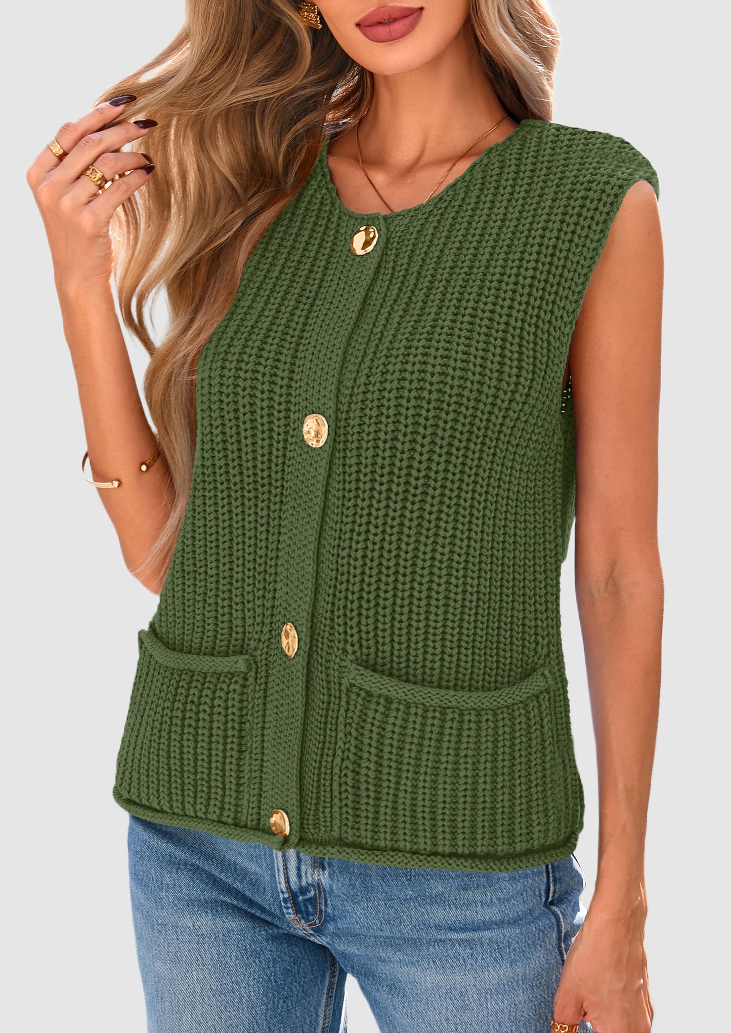 Women's Sweaters Vest 2025 Sleeveless Button Down Cropped Chunky Knit Cardigan Trendy Tank Tops with Pockets