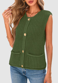 Sleeveless Button Down Cropped Chunky Knit Cardigan Trendy Tank Tops with Pockets