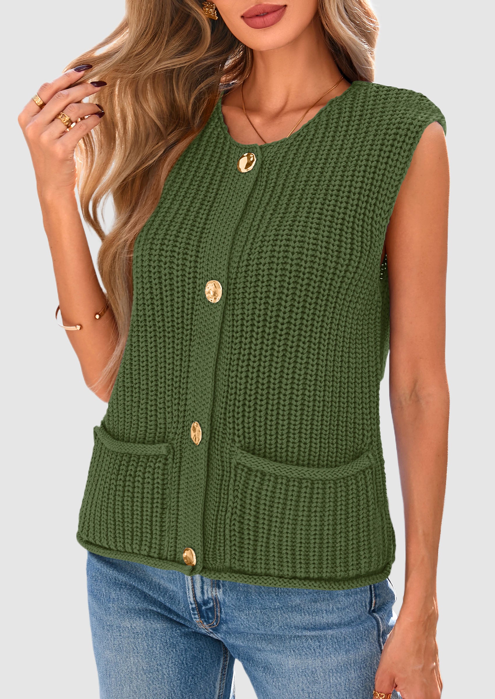 PRETTYGARDEN Women's Summer Sweaters Vest Sleeveless Button Down Cropped Pockets Chunky Knit Cardigan Trendy Tank Tops