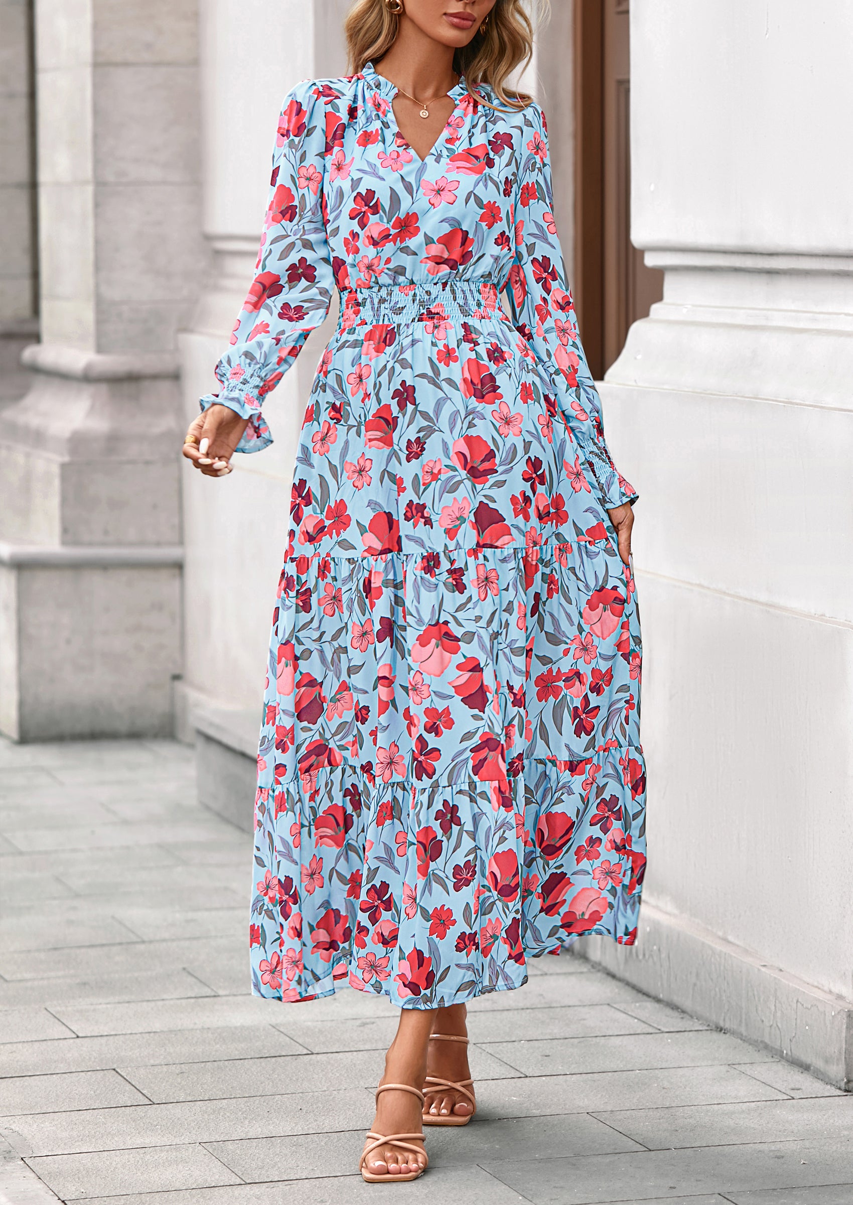 PRETTYGARDEN Women's Floral Maxi Dress Spring Long Sleeve V Neck Casual A Line Long Flowy Boho Party Dresses