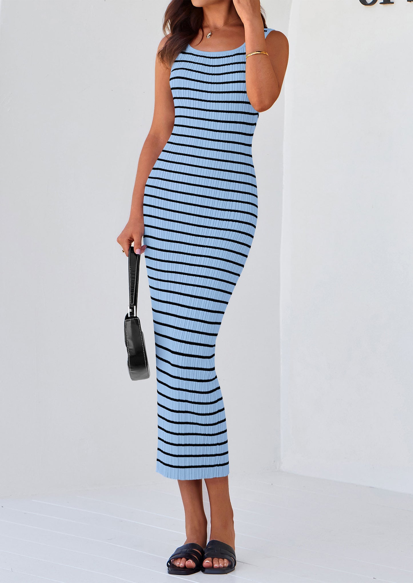 Womens Summer Tank Dress Casual Sleeveless Striped Ribbed Knit Long Dresses Beach Vacation Sundress