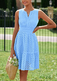 PRETTYGARDEN Women's Summer Dresses Sleeveless V Neck Eyelet Hollow Out Swing A Line Beach Vacation Sun Dress