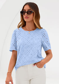 PRETTYGARDEN Women's Puff Short Sleeve Eyelet Shirts Summer Lace Blouses Dressy Casual Work Tops Spring Teacher Clothes PRETTYGARDEN