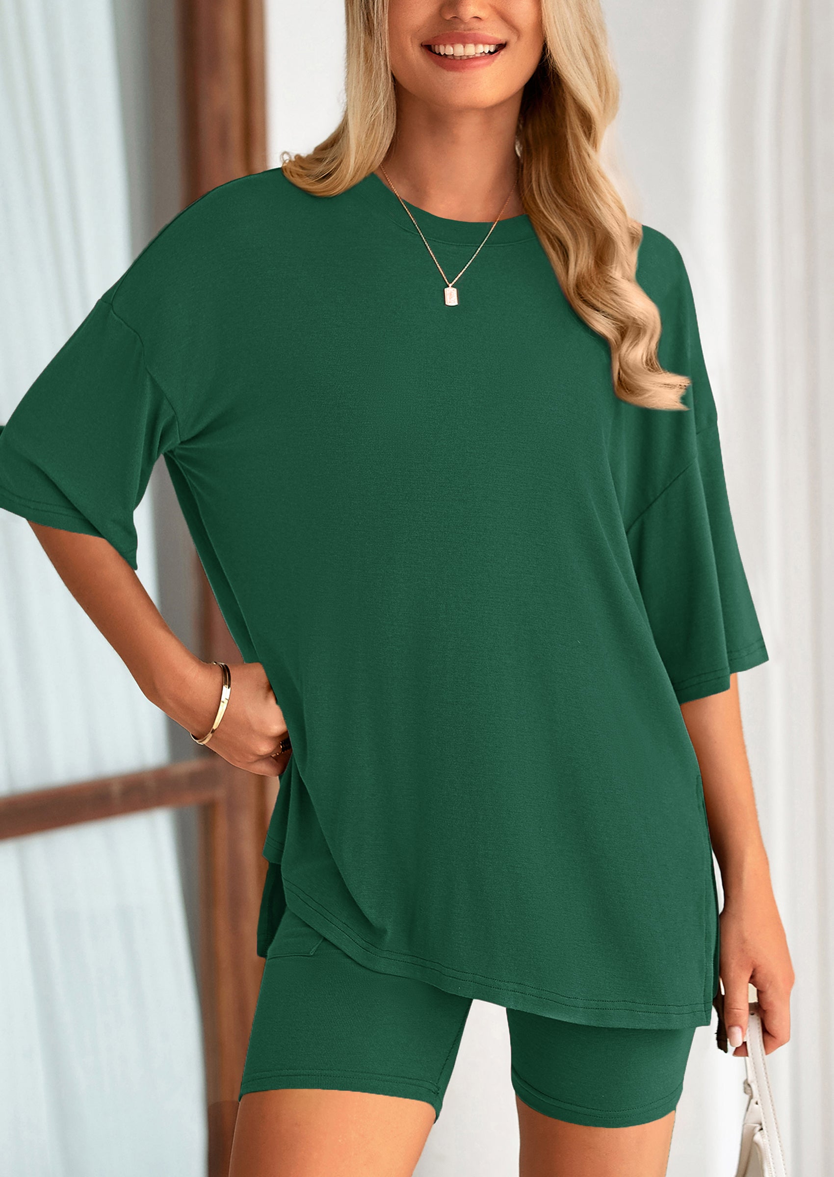 PRETTYGARDEN Women's Two Piece Lounge Set Summer Casual Oversized Shirts Biker Shorts Matching Airport Travel Outfit