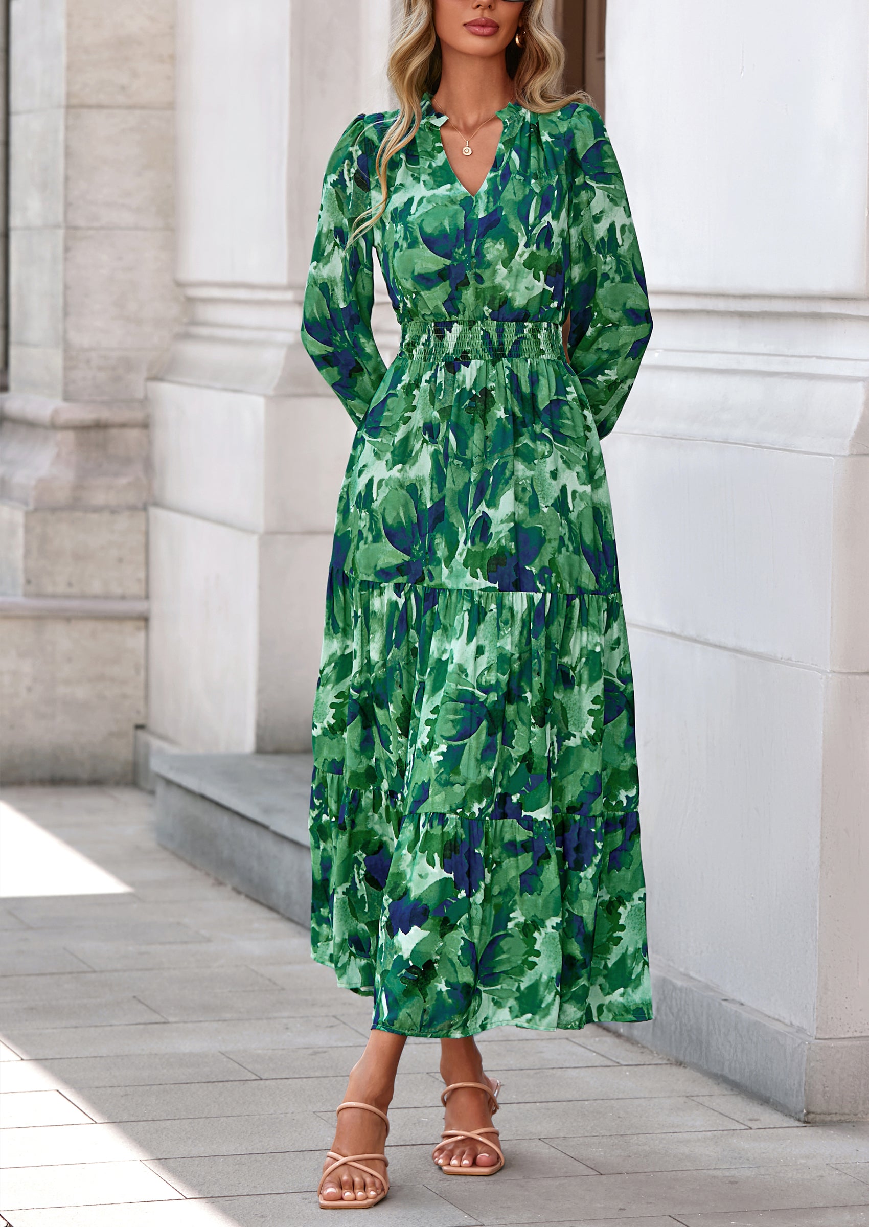 PRETTYGARDEN Women's Floral Maxi Dress Spring Long Sleeve V Neck Casual A Line Long Flowy Boho Party Dresses