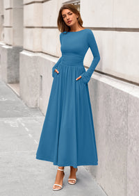BTFBM Long Sleeve Maxi Dresses for Women Fall Casual Ruched Boat Neck Flowy Elegant Formal Wedding Guest Dress