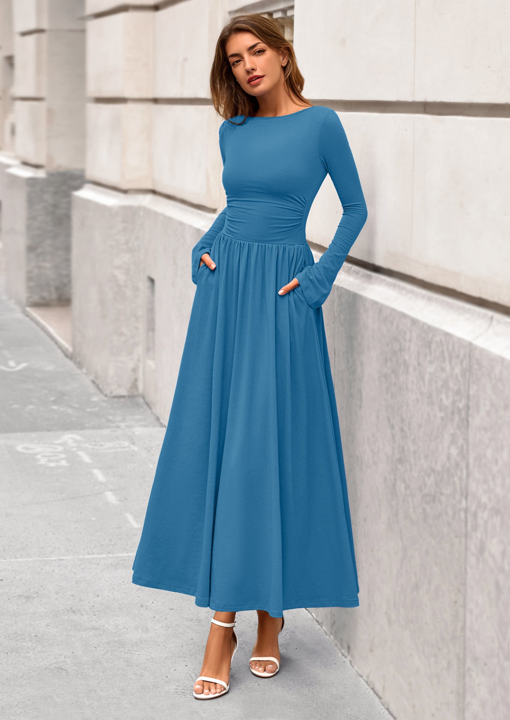 BTFBM Long Sleeve Maxi Dresses for Women Fall Casual Ruched Boat Neck Flowy Elegant Formal Wedding Guest Dress
