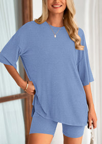 PRETTYGARDEN Women's Two Piece Lounge Set Summer Casual Oversized Shirts Biker Shorts Matching Airport Travel Outfit