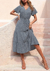 PRETTYGARDEN Summer Floral Dress for Women Casual Boho Short Sleeve Maxi Dresses V Neck Tiered Flowy Beach Sundress