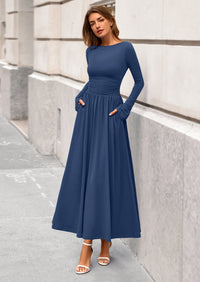 BTFBM Long Sleeve Maxi Dresses for Women Fall Casual Ruched Boat Neck Flowy Elegant Formal Wedding Guest Dress
