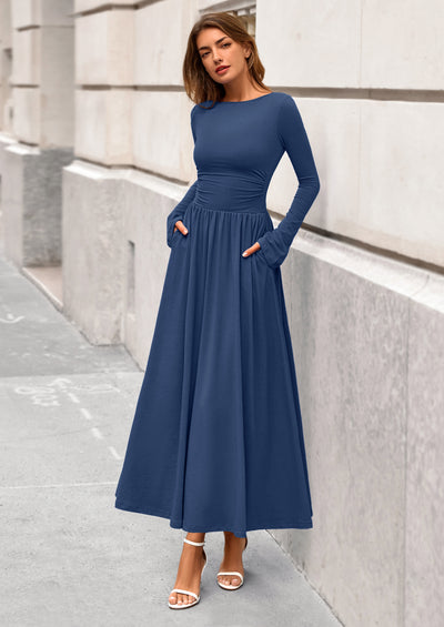 BTFBM Long Sleeve Maxi Dresses for Women Fall Casual Ruched Boat Neck Flowy Elegant Formal Wedding Guest Dress