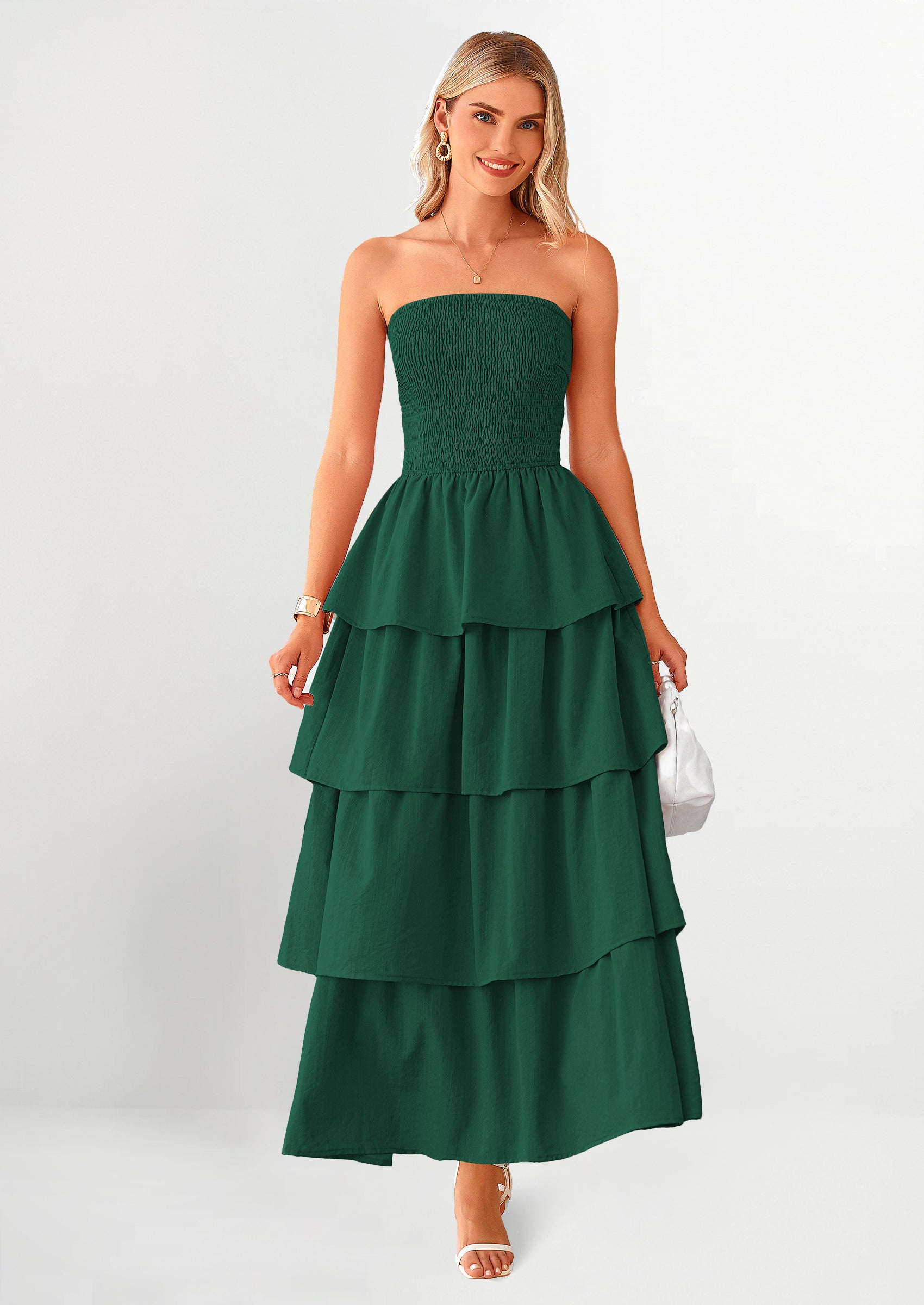 PRETTYGARDEN Maxi Dresses for Women Off Shoulder Smocked Tiered Ruffle Long Flowy Wedding Guest Dress