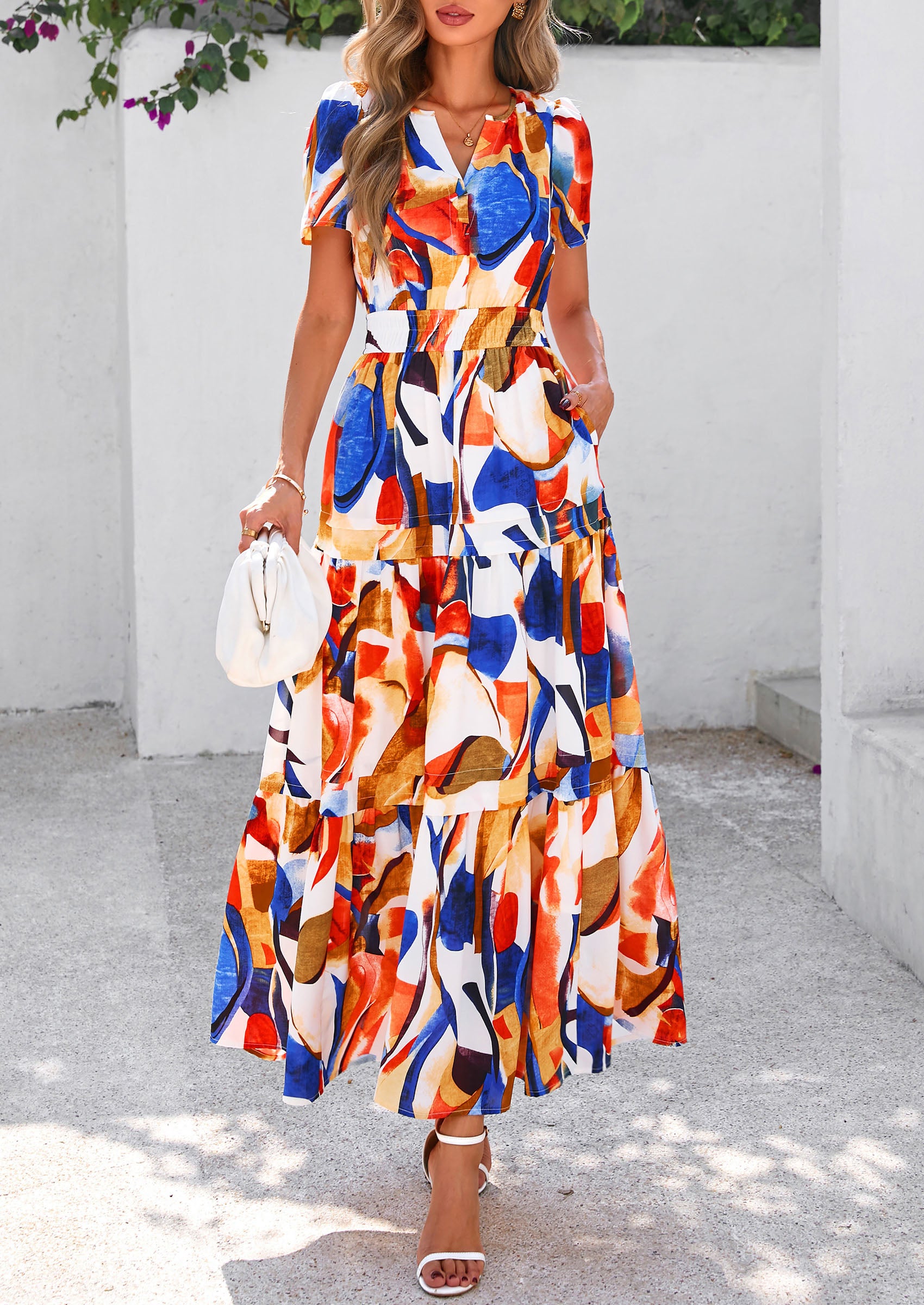 PRETTYGARDEN Women's Boho Maxi Dresses Floral Short Sleeve V Neck A Line Tiered Flowy Long Beach Vacation Dress