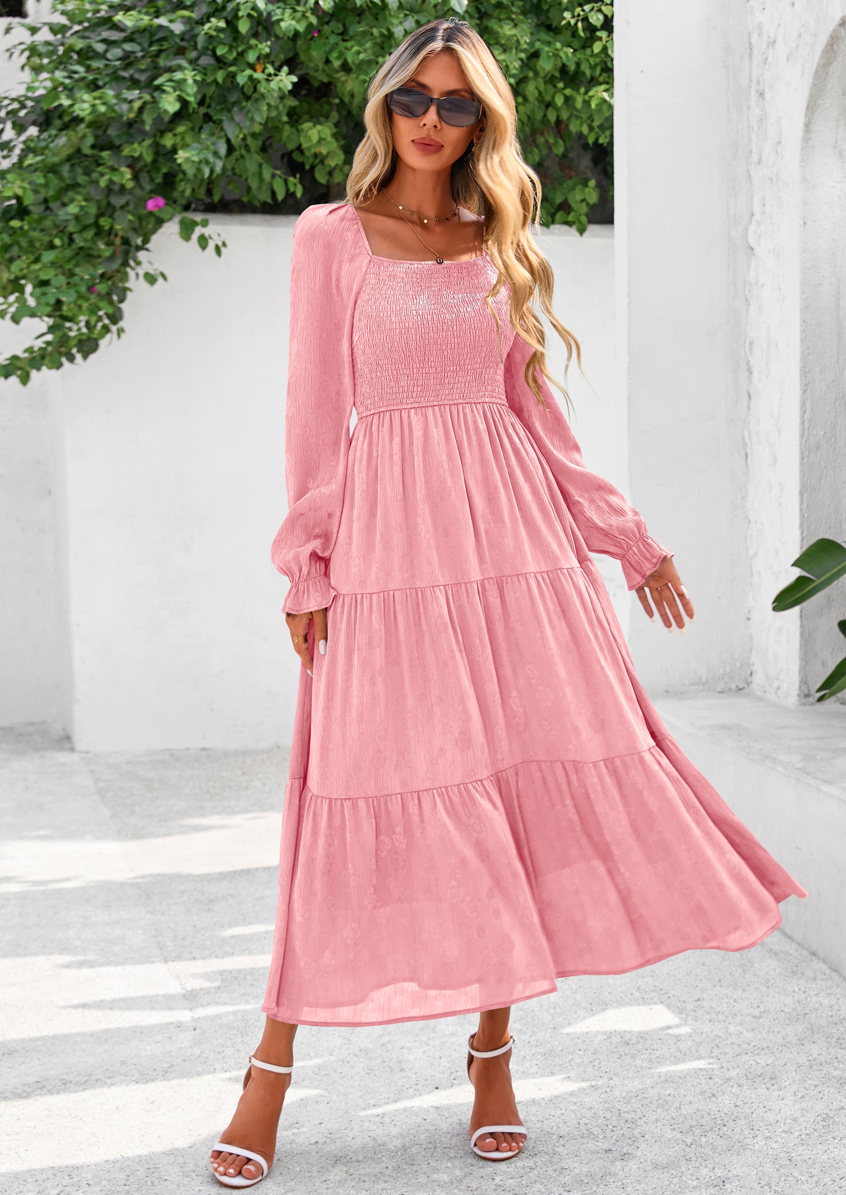 PRETTYGARDEN Fall Wedding Guest Dresses for Women Floral Long Sleeve Smocked Tiered Elegant Long Flowy Boho Dress