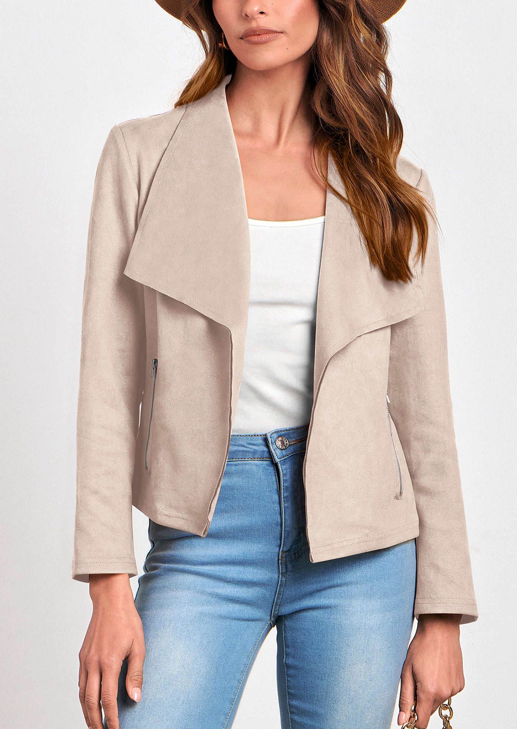 PRETTYGARDEN Women's Faux Suede Jackets Fashion Fall Clothes Long Sleeve Open Front Cropped Coat Outwear