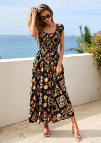 PRETTYGARDEN Women's Boho Maxi Dress Summer Cap Sleeve Long Flowy Beach Vacation Floral Sundresses Spring Resort Wear PRETTYGARDEN