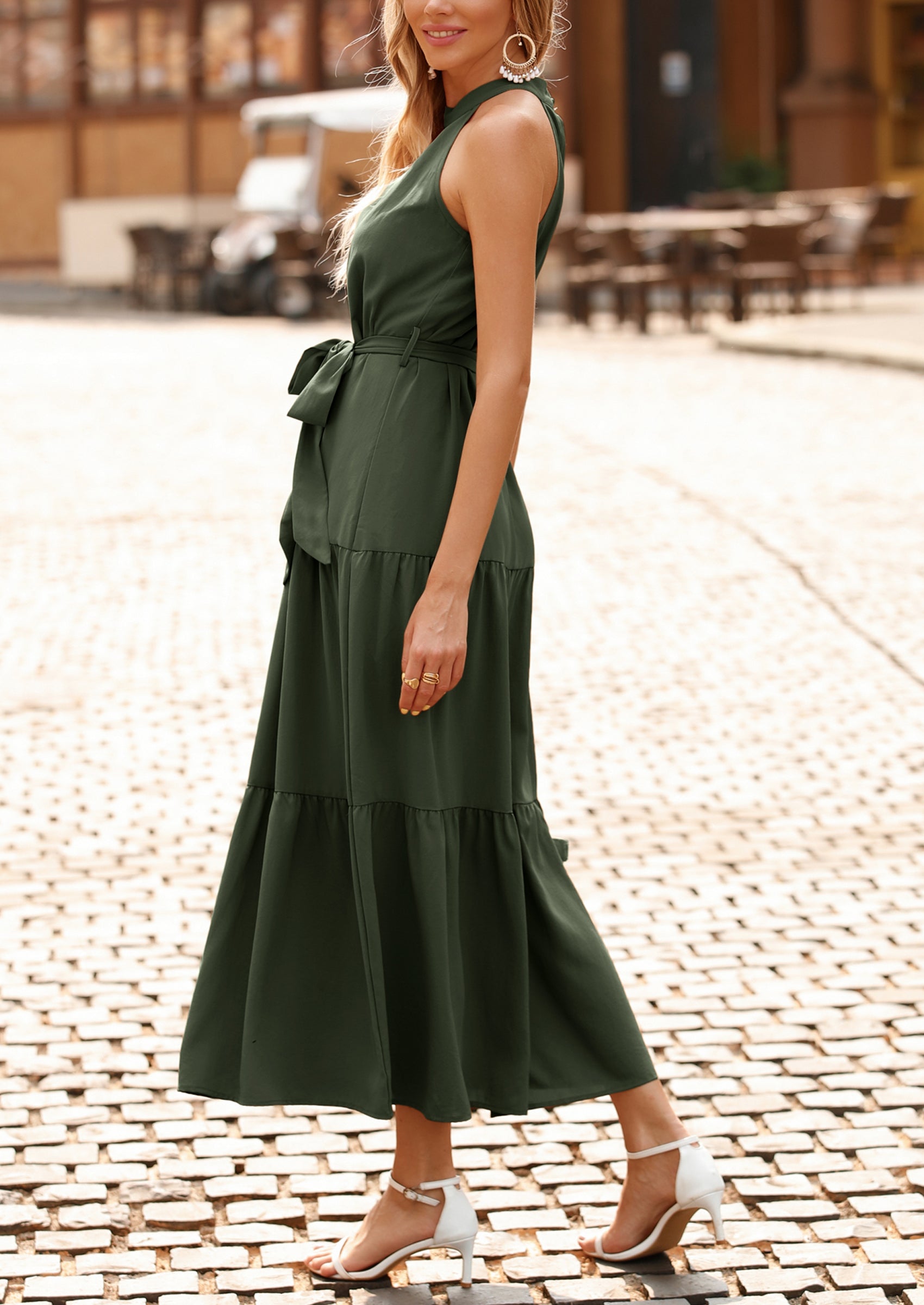 PRETTYGARDEN Women's Summer Floral Maxi Sun Dress Sleeveless Halter Neck Flowy Ruffle Hem Long Boho Dresses with Belt