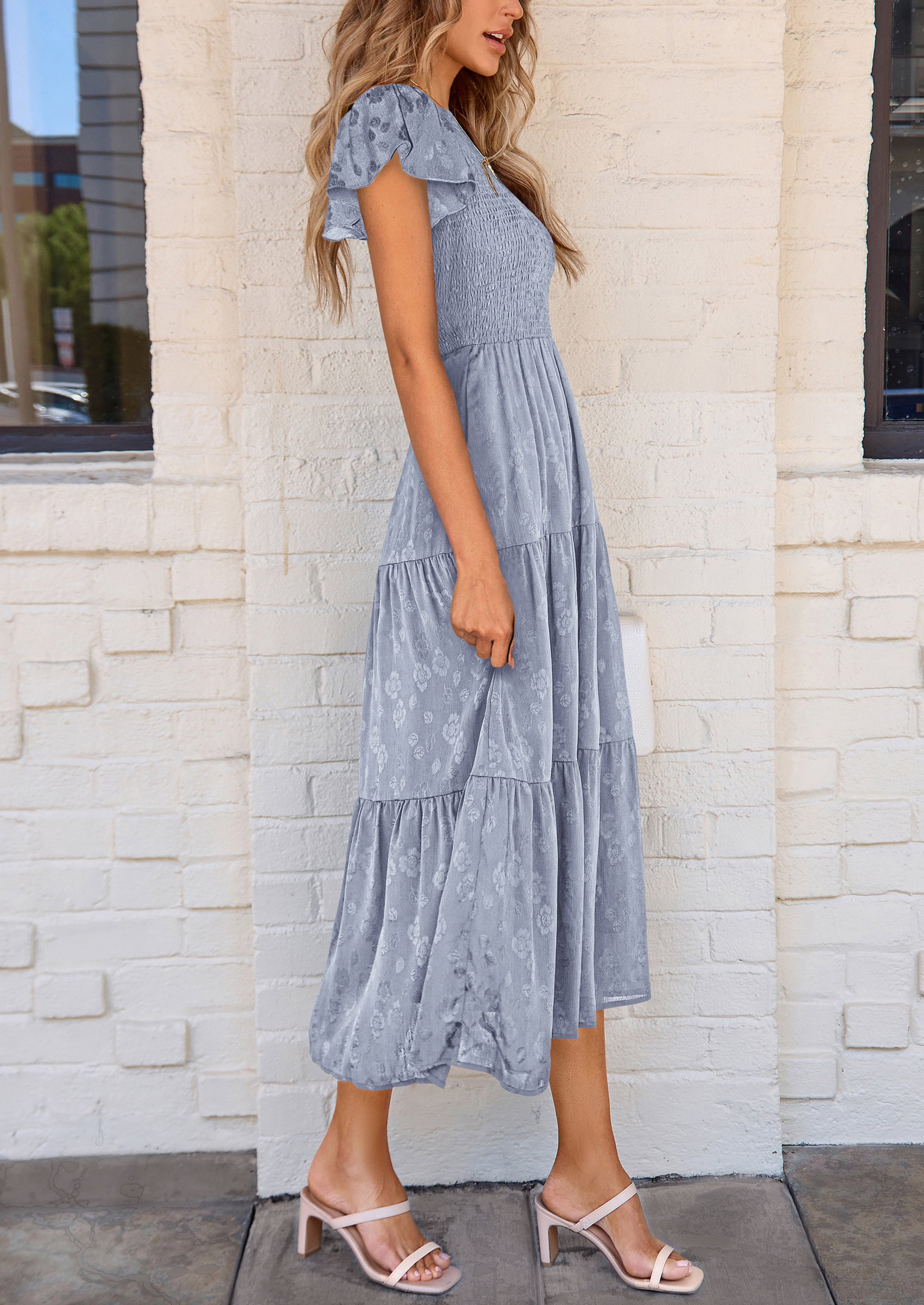 PRETTYGARDEN Midi Dress for Women Summer Floral Cap Sleeve Smocked Ruffle A Line Long Flowy Wedding Guest Dresses