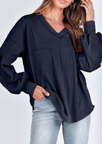 BTFBM Women's Ribbed Long Sleeve Tops Summer Spring Pullover Knit Casual V Neck Blouses Trendy Loose Fit Tunic Top