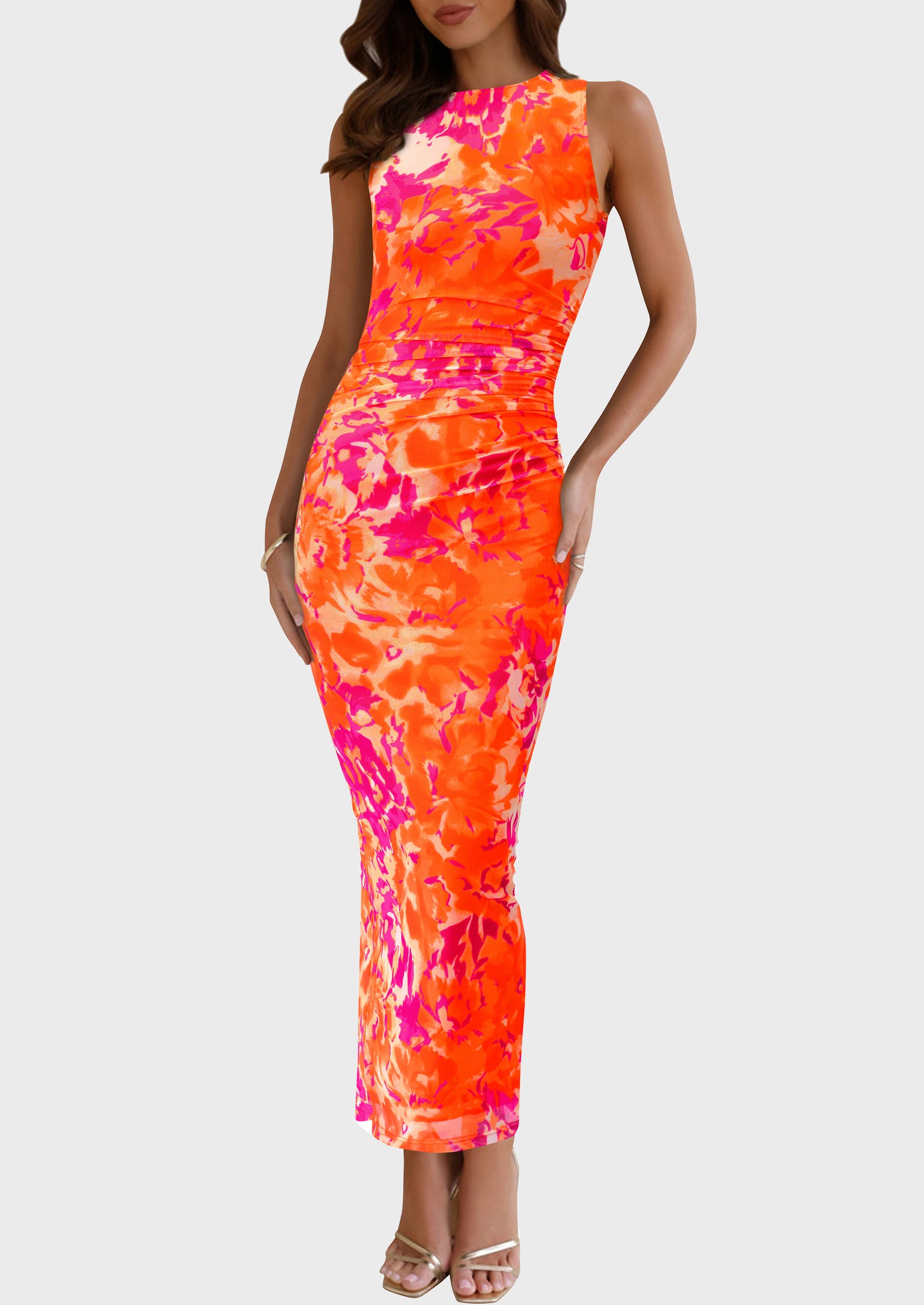 PRETTYGARDEN Wedding Guest Dresses for Women Spring Floral Bodycon Sleeveless Mesh Maxi Long Dress