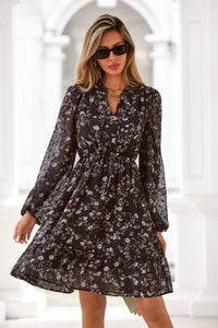 PRETTYGARDEN Women's Fall Boho Dresses Floral Long Sleeve V Neck Mini Flowy Wedding Guest Dress Trendy Vacation Outfits