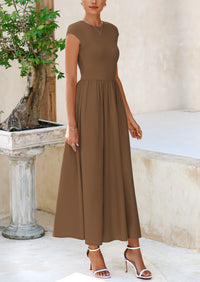 PRETTYGARDEN Women's Casual Long Dresses Cap Sleeve Patchwork A Line Flowy Modest Elegant Homecoming Maxi Dress