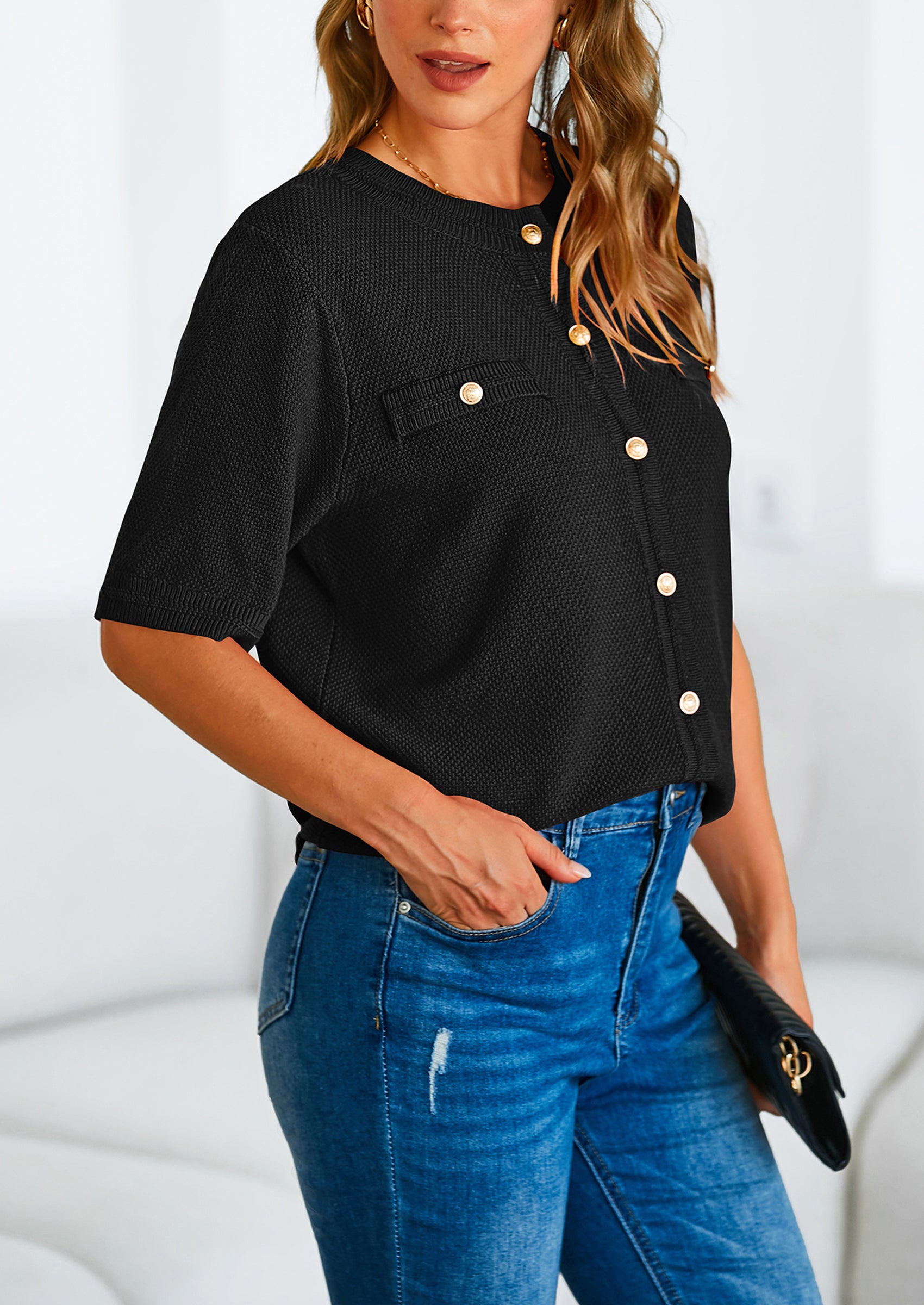 PRETTYGARDEN Women's Summer Button Down Shirts Casual Short Sleeve Crew Neck Ribbed Knit Blouse Top Cardigans