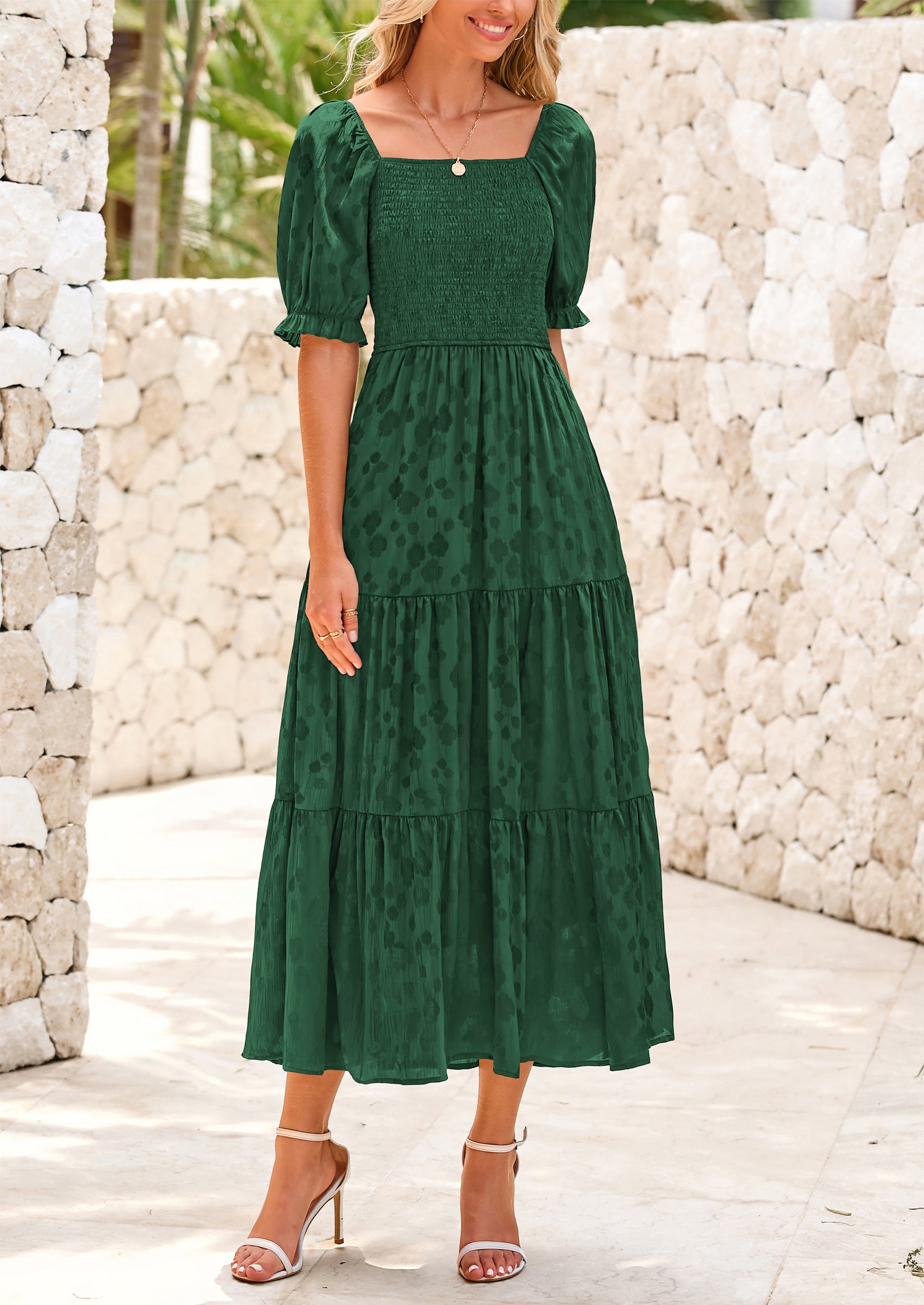 PRETTYGARDEN Women's Casual Midi Dresses Square Neck Short Sleeve Smocked A Line Floral Flowy Elegant Boho Dress