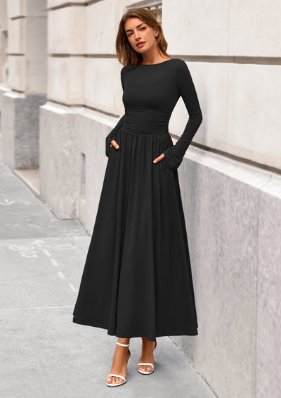 BTFBM Long Sleeve Maxi Dresses for Women Fall Casual Ruched Boat Neck Flowy Elegant Formal Wedding Guest Dress